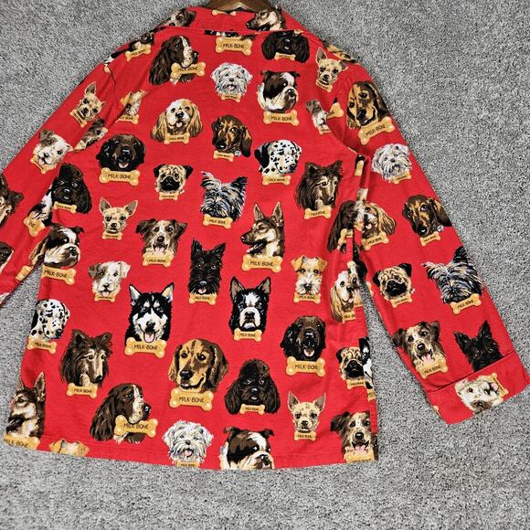 Nick & Nora Pajama Top Womens Medium Red Milk Bone AOP Dogs Button Up Flannel - Picture 5 of 15
